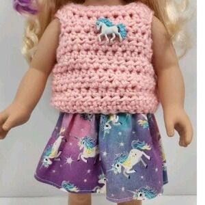 18" Doll Unicorn skirt & chrochet top - Handmade - American Girl, My Life & OG